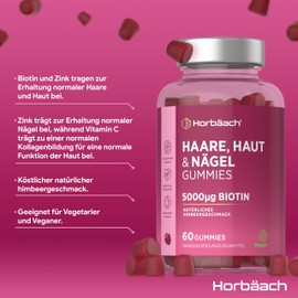 Horbaach Skin Hair Nails Gummies 5000 μg Biotin Gummy Bears with Vitamin C & E for Skin, Hair, Nails & Beard 60 Hair Vitamins Vegan Gummies Vitamin B7 Hair Skin & Nails Vitamins