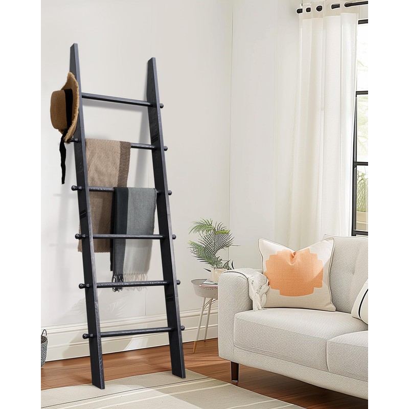 TEAKMAMA 6-Tier Blanket Ladder with Hanging Knobs, 5.5 Ft Wall