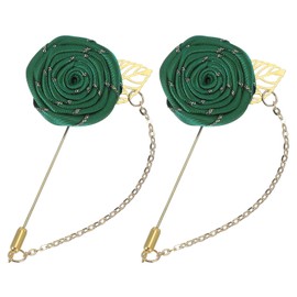 sourcing map 2 Pcs Rose Lapel Pin for Men Suits, Cloth Flower Brooch Handmade Boutonnieres with Gold Leaf/Chain for Suit Accessories Bridegroom Wedding, Dark Green