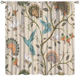 Floral Print Window Curtains,Bohemian Flower Birds Modern Style Room Darkening Door Window Rod Pocket Curtain for Living Room Bedroom Kitchen Bathroom Set 2 Panels,42x45 Inches