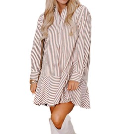 LunaJany Women's Casual Long Sleeve Button Ruffled Stripe Mini Dress with Pockets Brown S