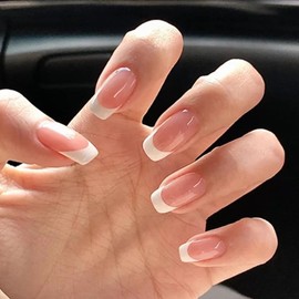 Hrnsnails White French Tip Press On Nails Medium Square Fake Nails with Glossy Design, Artificial Nails Press Ons, Press On Nail Kit Stick On Nails for Women-32Pcs