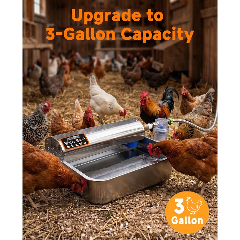 3 Gallon Automatic Chicken Waterer, Real 304 Stainless Steel Metal