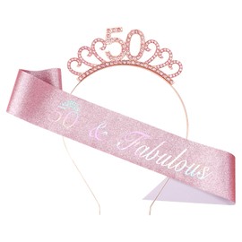 50th Pink Birthday Sash for Women,Happy 50 & Fabulous Birthday Decorations Sash and Crown Includes Pin Tiara Outfits Accessories Decorations Gifts ideas for Her Funny Girls Adult Woman Wife Sister