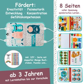 Carmello Montessori Busy Board, German from 3 Years, Motor Skills Toy, Busy Book, Quiet Book, Activity Board for Travel, Busyboard with Removable Pages, 100% Non-Toxic, DIY Page