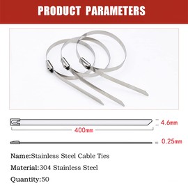 Stainless Steel Cable Ties 4.6 x 400 mm, Steel Cable Ties with Locking Function, Silver Stainless Steel Cable Ties, Stainless Steel Metal Cable Ties Attachment (Pack of 50)