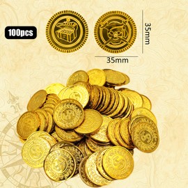 XDGBGFN Pack of 100 Gold Coins Play Money, Gold Coins Pirate Treasure Toy Plastic Gold Taler Pirate Coins for Buccaneers Treasure Hunt Gift