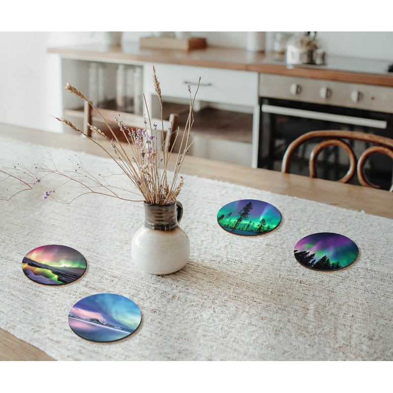 4 x Round Northern Lights Coasters - Iceland Boraelis Men