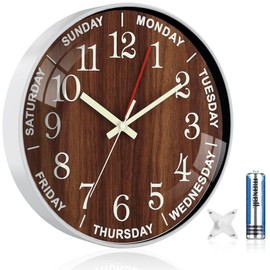 QINFIEY 12 Inch Day of Week Wall Clock, Non Ticking Modern Clocks Battery Operated，Analog Day Clock for Seniors Eldly，Classic for Office Home Classroom School Living Room,Unique Gift Clock(Brown)