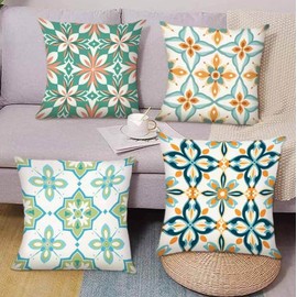BAOKU Boho Geometric Square Outdoor Cushion Covers, Blue yellow Bohemian Pillow Case, Pillow Cover Soft Linen Fabric 18x18 inch Set One Pack of 4 Devorative for Couch Farmhouse Sofa