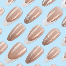 White French Tip Press on Nails Medium Shining Glue on Nails Fake Nails Design Glossy Sparkly Silver Acrylic Nails Stick on Nails French Nails Tips False Nails for Women Kit Glitter Manicure 24Pcs