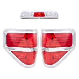 Brock Replacement Driver and Passenger Side Tail Light Units with Chrome Trim & 3rd Brake Light Unit 3 Piece Set Compatible with 2009-2014 Ford F-150 Styleside