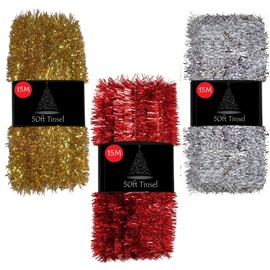 50ft Tinsel Garland For Christmas Tree Decorations Xmas Thick Metallic Sparkly Foil Long Wide Stairs Crafts (Silver)