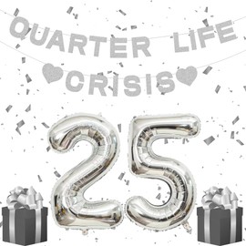 Holkcog 25th Birthday Decoration for Women, Silver Happy Birthday Banner for 25 years old Quarter Life Crisis 25 Balloons Numbers Give Her Cheering 25th Birthday Gift 25th Birthday Party Supplies