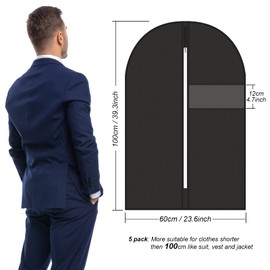 Asiulalt 5 Pack Garment Bag for Hanging Clothes, 40 Inch Suit Bag for Travel and Clothes Storage, Breathable Garment Covers with Clear Window for Suits Coats T-Shirts Jackets（Black）