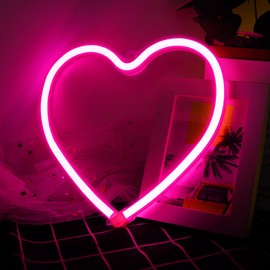 Pink Heart Neon Light, LED Light Signs Powered by Battery or USB, Light Decoration for Christmas Birthday Party Living Room Bedroom Table Children Gifts