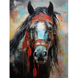 PUAGEMTI 5D Diamond Art Painting Kits for Adults American Native Indian Horse Round Full Drill Gems Cross Stitch Art Kit Canvas Painting by Diamond Mosaic Craft for Home Decoration 12x16 Inch