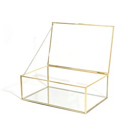 Feyarl Gold Glass Jewelry Box Clear Keepsake Photo Box Trinket Storage Organizer Box Display Case Makeup Holder for Home Decor Wedding (10.8 x 7 x 3.9inch)