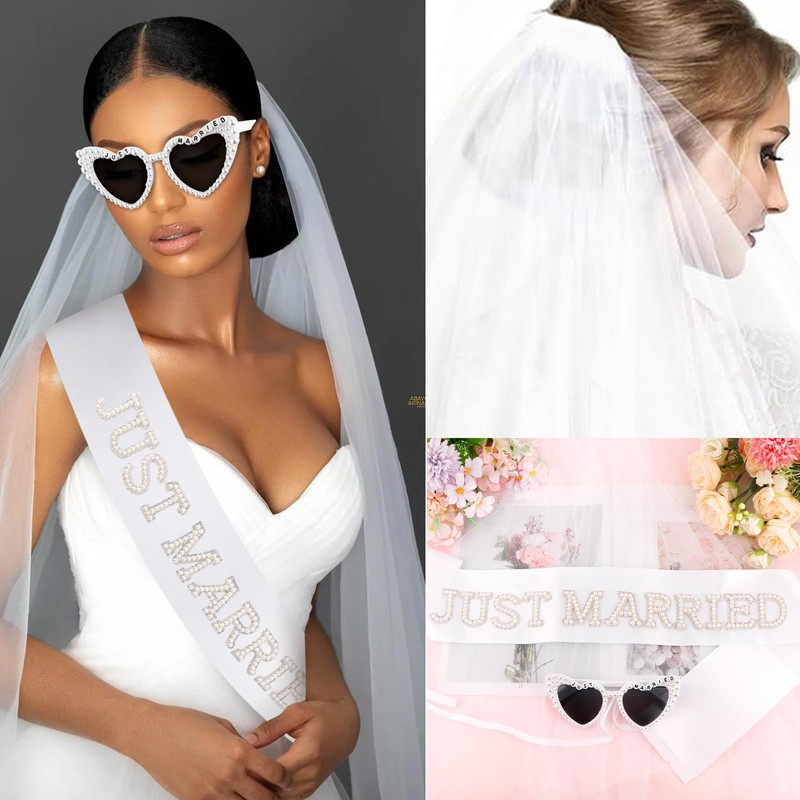 Pearl Just Married Sash + Veil + Heart Bride Sunglasses