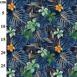 Rose & Hubble Floral Designs Medium & Large 100% Cotton Poplin Fabric - Navy Aloha Hawaiian Tropical Leaves Flowers