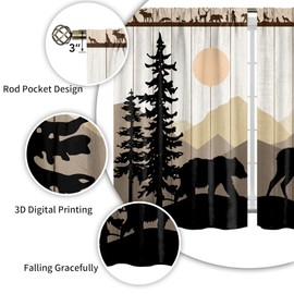 Forest Sunset Kitchen Curtains 2 Panels Country Rustic Farmhouse Short Cafe Curtains Decor for Dining Room Tier Curtains Over Sink Retro Tree Bear Deer Rod Pocket Window Drapes Treatment 26x36 Inch