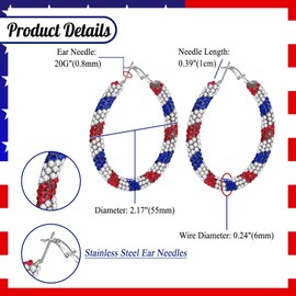 Flongo American Flag Hoop Earrings Glitter Rhinestone French Flag Colour Stainless Steel Diamonds Huggie Hoop Earrings Large Patriotic Earrings Accessories for Women Blue White Red, Stainless Steel
