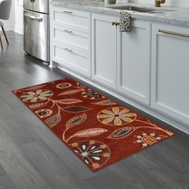 Maples Rugs Reggie Floral Runner Rug - Made in USA - Washable, Non Slip Mats for Kitchen, Hallway, and Laundry Room, 2' x 5', Merlot
