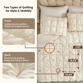 Amélie Home King Comforter Set, Beige Soft Bubble Bedding for All Seasons, 1 King Size Comforter (106"x90") and 2 Pillow Cases (20"x36"), Begie