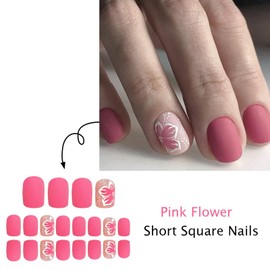 Pink Press on Nails Short Square Fake Nails Flower Stick on Nails Matte Glue on Nails Cute False Nails Spring Summer Acrylic Nails Full Cover Artificial Nails Reusable Nails Kit for Women Girl 24Pcs