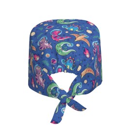 Cute Funny Anime Dinosaur Dino Space Galaxy Blue Working Cap Scrub Cap with Sweatband Adjustable Unisex Women Tie Back Hat Nurse Surgical Caps