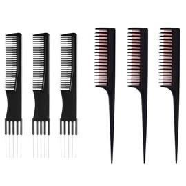6 Pcs Hair Teasing Comb Set Includes Black Carbon Lift Teasing Combs with Metal Prong, Triple Pin Rat Tail Comb for Parting Hair,Adds Volume To Fine, Medium, And Thinning Hair for Women and Men