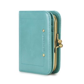 Contacts RFID Wallet for Women Kiss Lock Genuine Leather Compact Purse with Zipper Pocket Vintage Credit Card Holder Small Clutch with ID Window Sky Blue S, blue, Classic