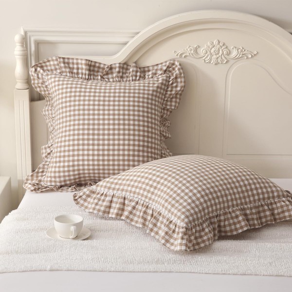 Silnuo Ruffle Taupe Plaid Throw Pillow Covers Set of 2,Washed
