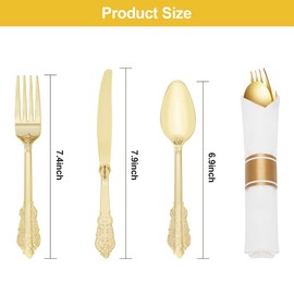 Goodluck 100 Pack Heavyweight Gold Plastic Silverware Set – 300 Cutlery & 100 Pre-Rolled Napkins for Wedding, Party, Christmas, Anniversary