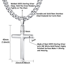 Krfy 925 Silver Cross Pendant Necklace for Men Women with 5 mm Durable Stainless Steel Diamond-Cut Figaro or Curb Chain Necklace 18K White Gold Plated Cross Pendant Necklace for Men 18-30 Inches,
