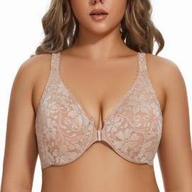 MELENECA Women's Front Closure Plus Size Racerback Stretch Lace Underwire Bra Beige 40DD
