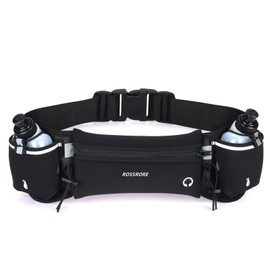 ROSSRORE Unisex Running Hydration Belt with 2x6oz Water Bottles - No Bounce Design, Waterproof Waist Pack for Phone, Reflective Gear for Runners, Cyclists, Hiking (Black)