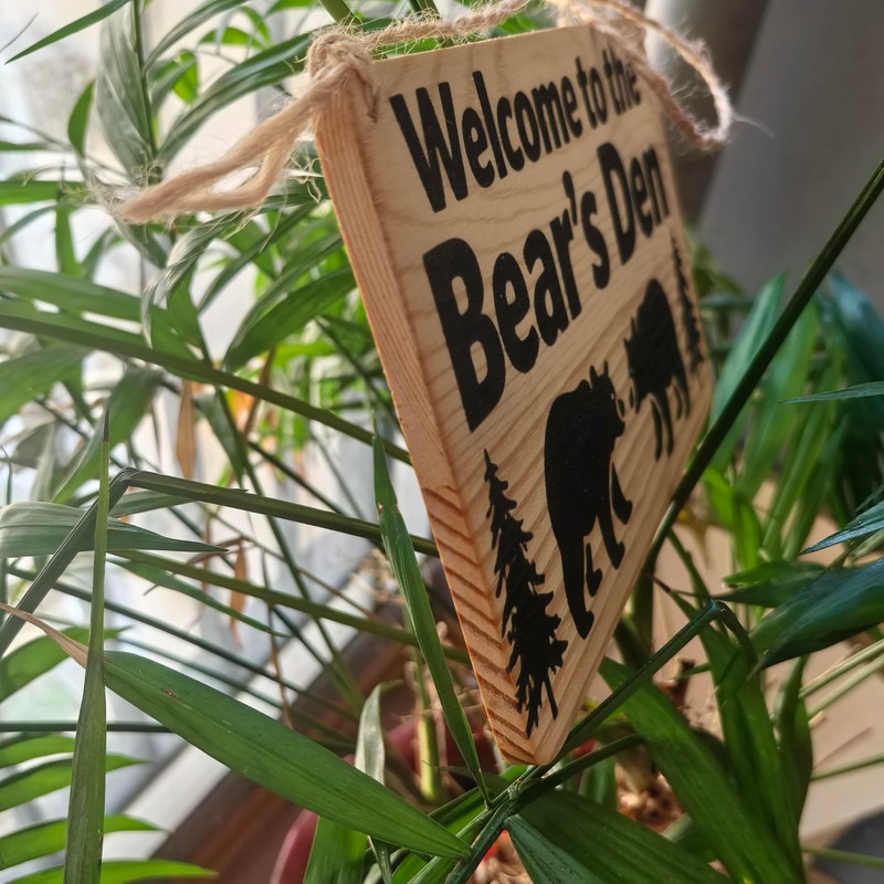 Rustic Wooden Welcome Sign, Bear's Den Cabin Decor with Black