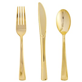 FOCUSLINE 75 Pack Gold Plastic Silverware Disposable Cutlery Set - 25 Forks, 25 Knives, 25 Spoons - Disposable Flatware Heavy Duty Plastic Utensils Set for Catering, Parties, Dinners, Weddings