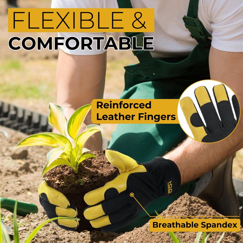 HandLandy Men's Leather Utility Gardening Gloves, Dexterity & Breathable Construction