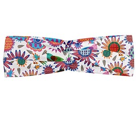 Lunarable Sunflower Headband for Women, Birds Eating with Colorful Sunflowers with Dotted and Checkered Patterns, Elastic Comfy Hair Accessory Knotted Head Wrap Everyday Use, XS-S, Multicolor