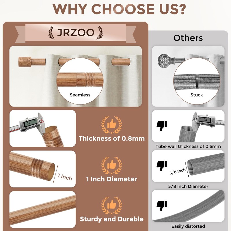 JRZOO Wood Curtain Rods, 1'' Decorative Adjustable Rustic Farmhouse Drapery