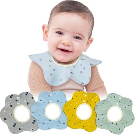 AndCoco Bib, Waterproof, Baby Bib, 100% Cotton, 360° Rotation, Apron, For Meals, Soft, Set of 4, For Nursery Schools (F)