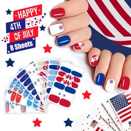JERCLITY 8 Sheets 4th of July Nail Wraps for Women Independence Day Nail Polish Strips Patriotic American Flag Nail Strips Self-Adhesive Nail Stickers with Nail File for Memorial Day（4th of July-C）