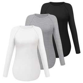 Ficerd 3 Pack Women's Long Sleeve T-Shirts Crew Neck Raglan Sleeve Casual Loose Fit Shirts Side Split Curved Hem Tunic Tops(Black, White, Gray,L)