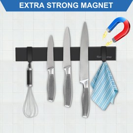 Magnetic Knife Holder for Wall, 10 Inch black Magnetic Knife Strip no Drilling with 2 Hooks, Stainless Steel Magnet Knife Holder, Powerful Magnetic Knife Rack for Knives, Utensils and Tools