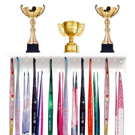 Defined Deco Medal Hanger Display and Trophy Shelf with 32 Hooks-Wooden Medal Holder for Wall Mount Ribbon Display-Trophy Display Shelf for Gymnastics, Soccer, Running Race Medals Awards Rack.