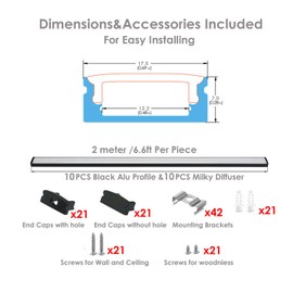 Besseto 10Pack 6.6Ft/2M Black LED Aluminum Channel,LED Strip Light Diffuser Aluminum Channel Profile Housing Extrusion for Under Cabinet Counter and Stairs (Black-10Pack 6.6ft)