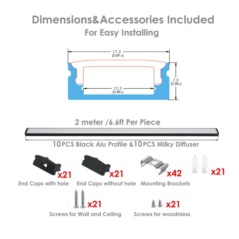 Besseto 10Pack 6.6Ft/2M Black LED Aluminum Channel,LED Strip Light Diffuser