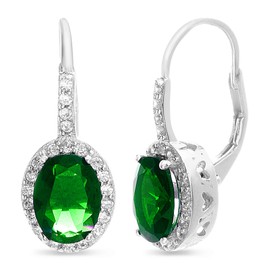 Mia Sarine Rhodium Plated 925 Sterling Silver Oval Simulated Emerald and Cubic Zirconia Bridal Leverback Earrings for Women Green